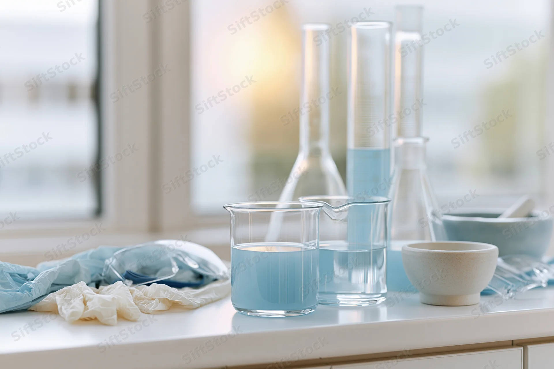 Laboratory glassware with blue liquid arranged on a white bench near a window