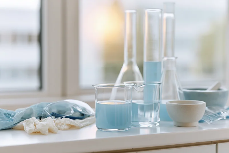 Laboratory glassware with blue liquid arranged on a white bench near a window