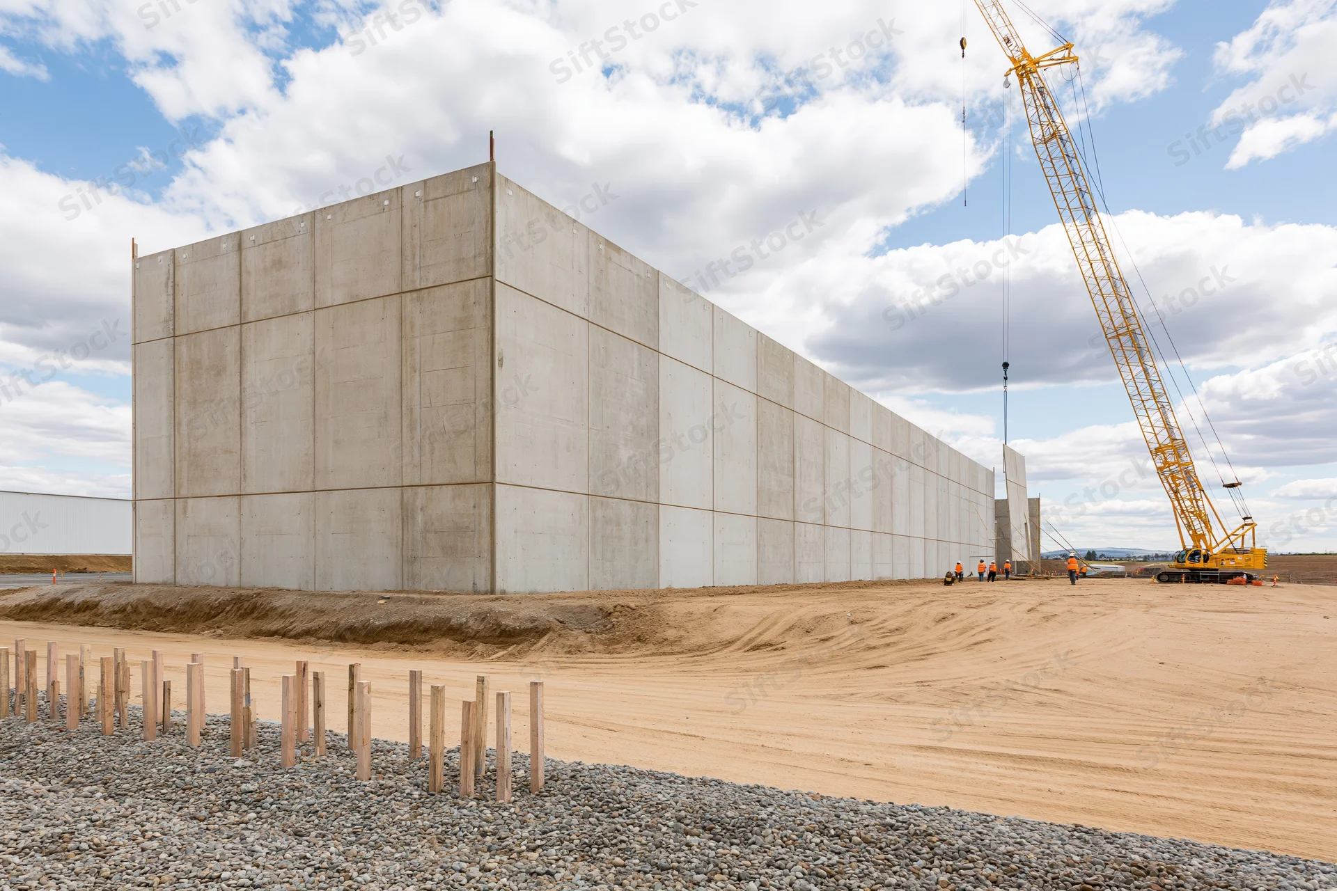 Large commercial building under construction with precast concrete walls and crane on site