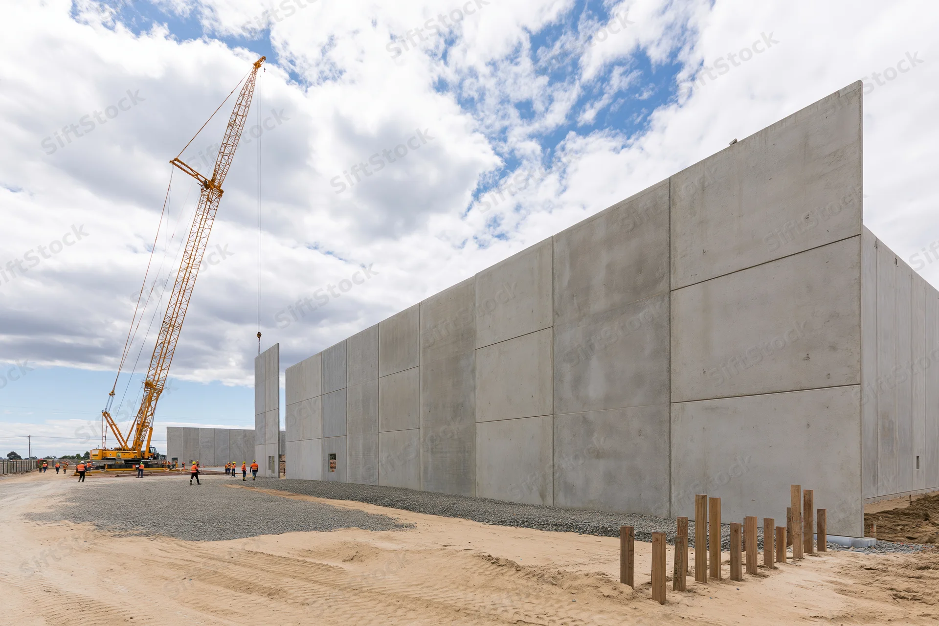 Large commercial building under construction with precast concrete walls and crane on site