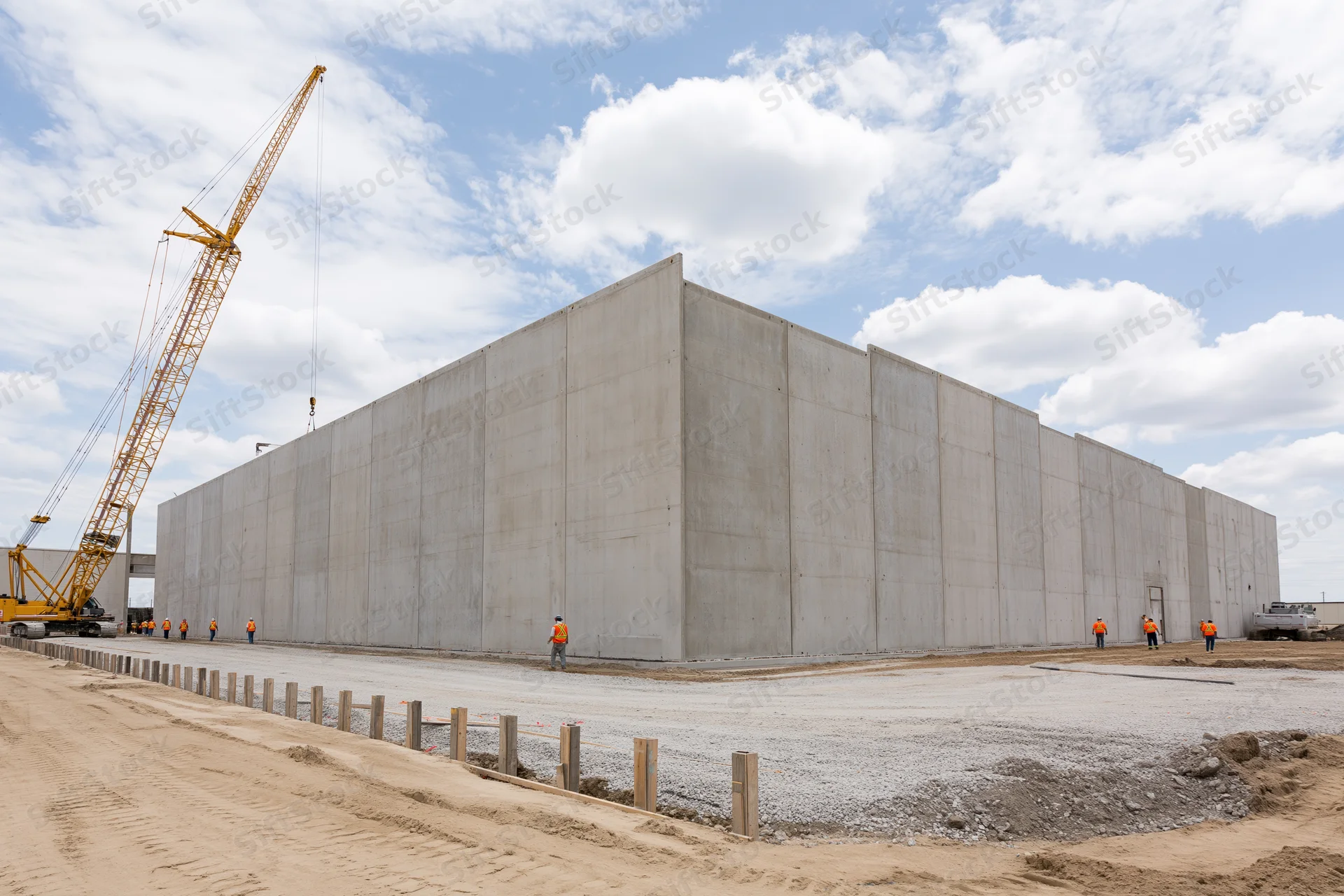 Large commercial building under construction with precast concrete walls and crane on site
