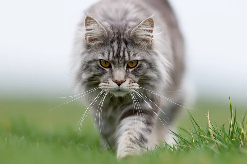 Grey tabby maine coon cat stalking forward through green grass in outdoor field