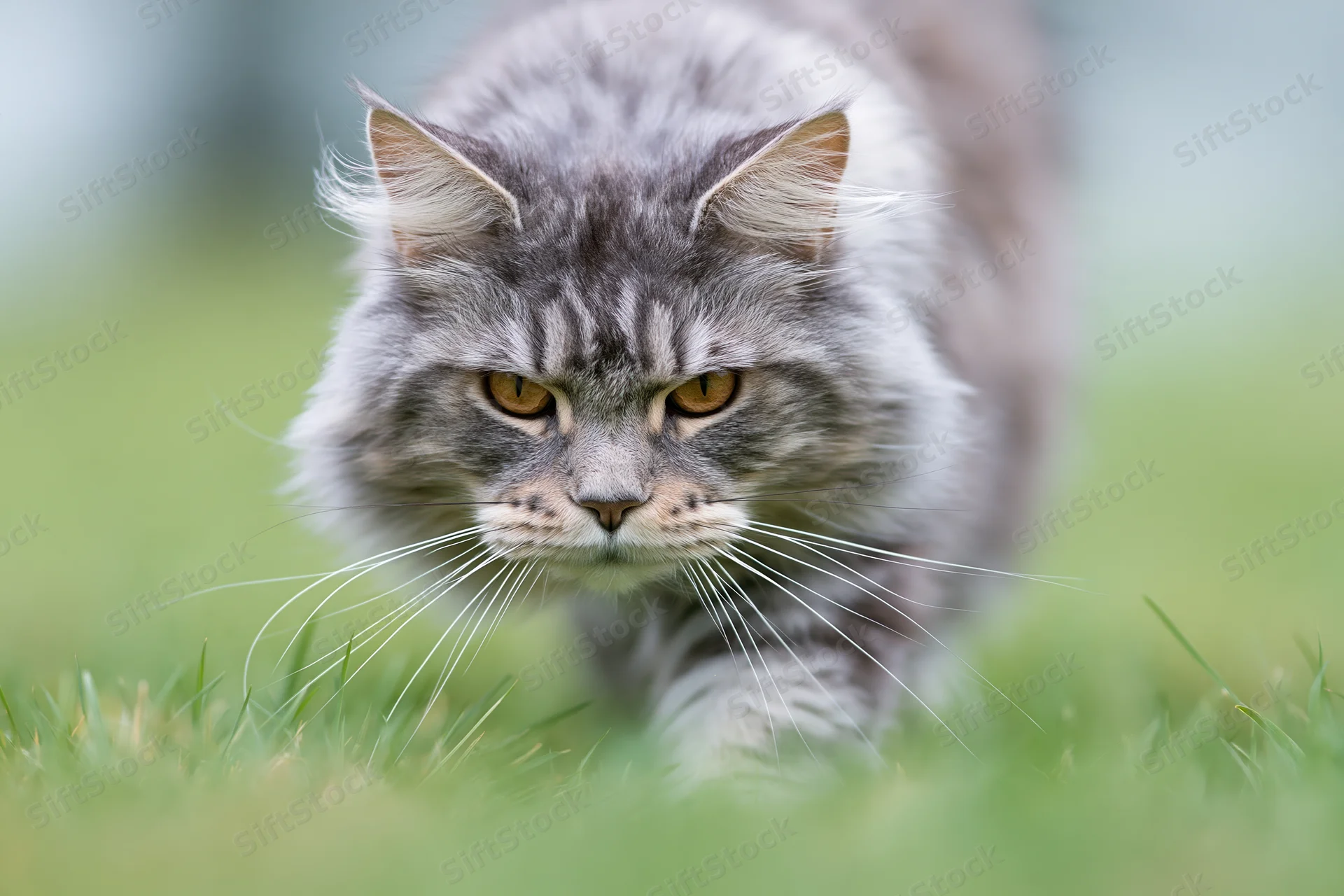 Grey tabby maine coon cat stalking forward through green grass outdoors