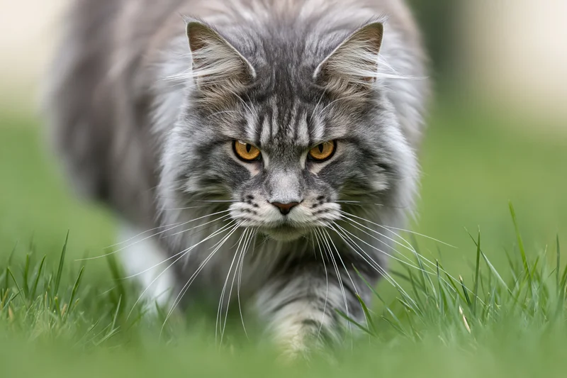 Grey tabby maine coon cat stalking forward through green grass outdoors