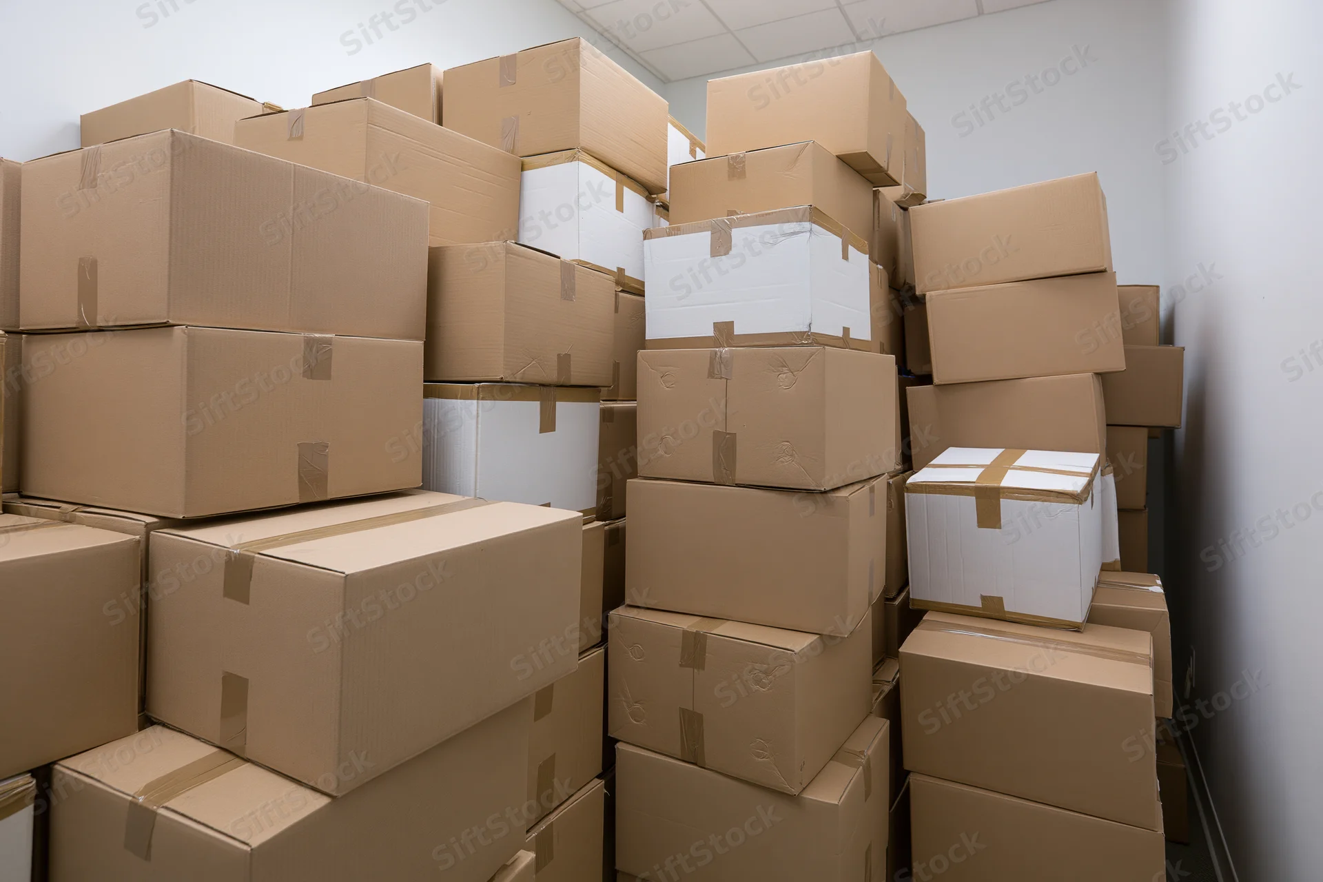 Stacked cardboard boxes filling a white warehouse storage room