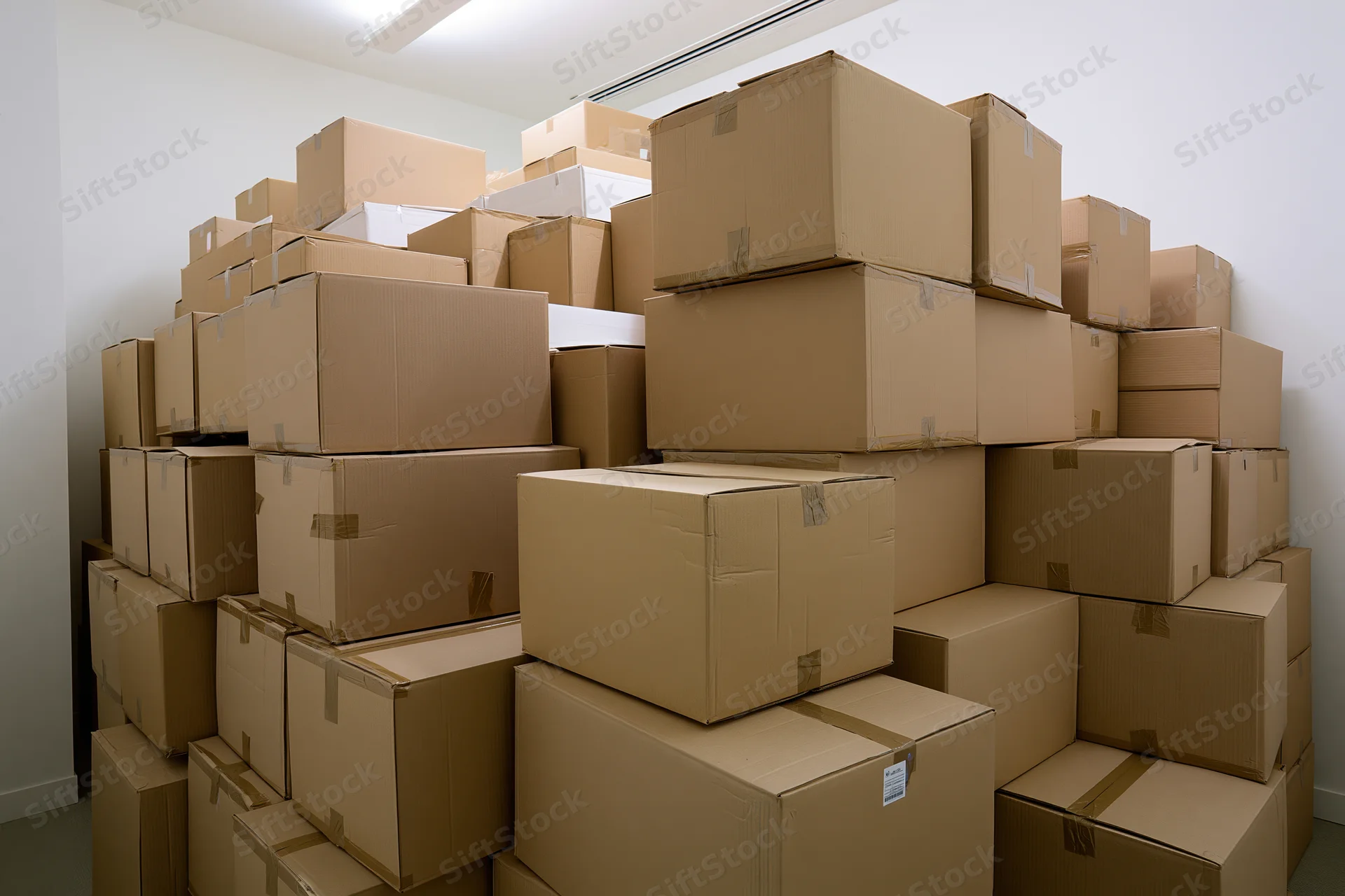 Stacked cardboard boxes filling a white room for storage and inventory management