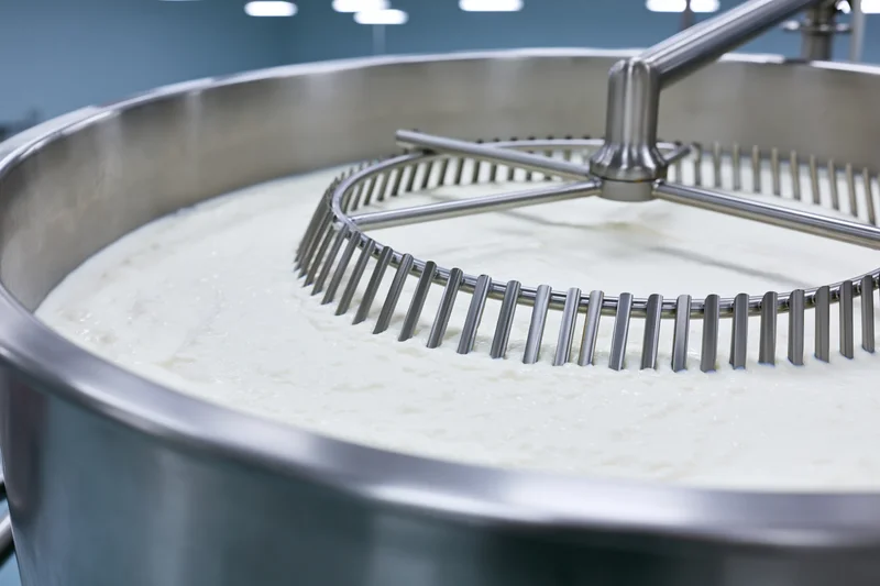 Stainless steel vat mixing milk in a dairy production facility