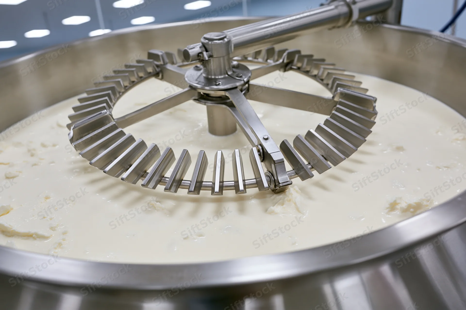 Stainless steel cheese vat with rotating agitator mixing curd and milk in industrial dairy production facility