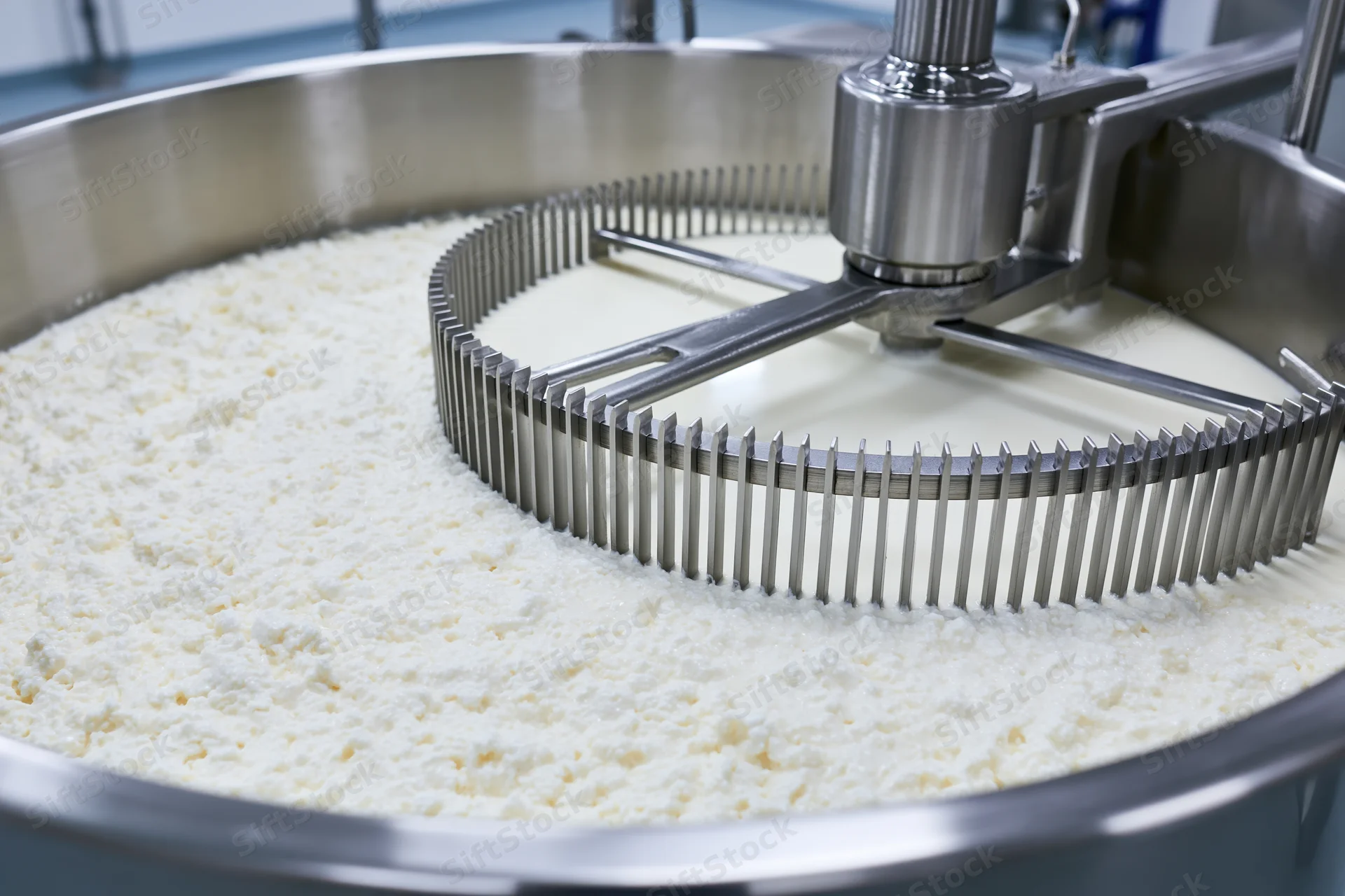 Rotating agitator churning curd in a large stainless steel cheese vat