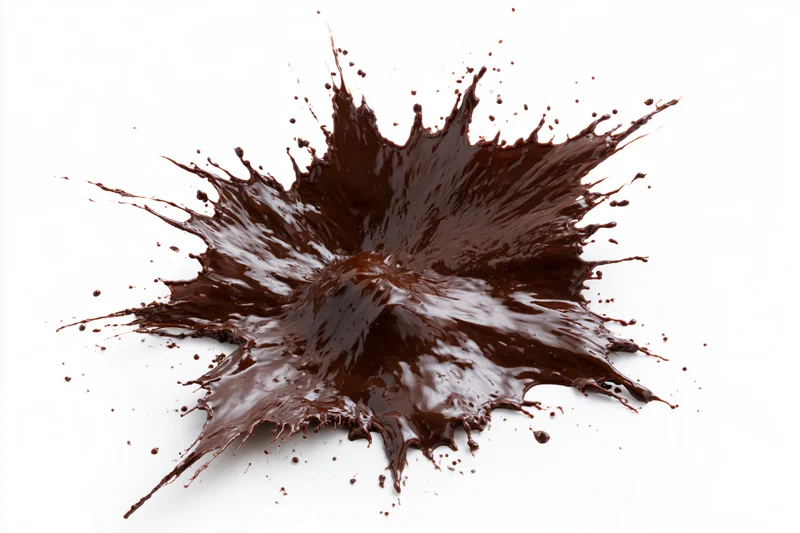 Liquid chocolate splashing outward in midair against white background