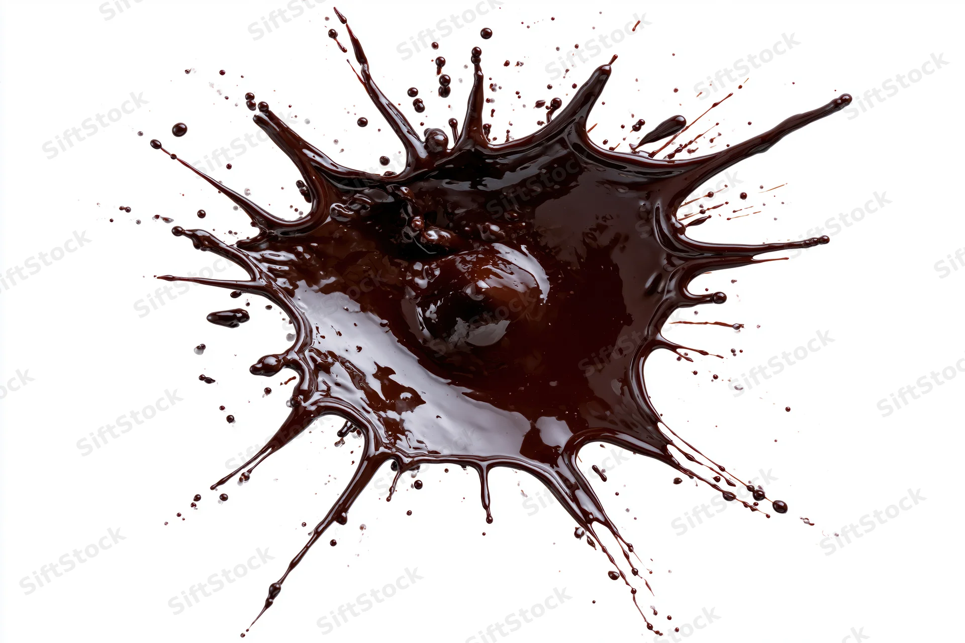 Liquid chocolate splashing outward in midair against white background