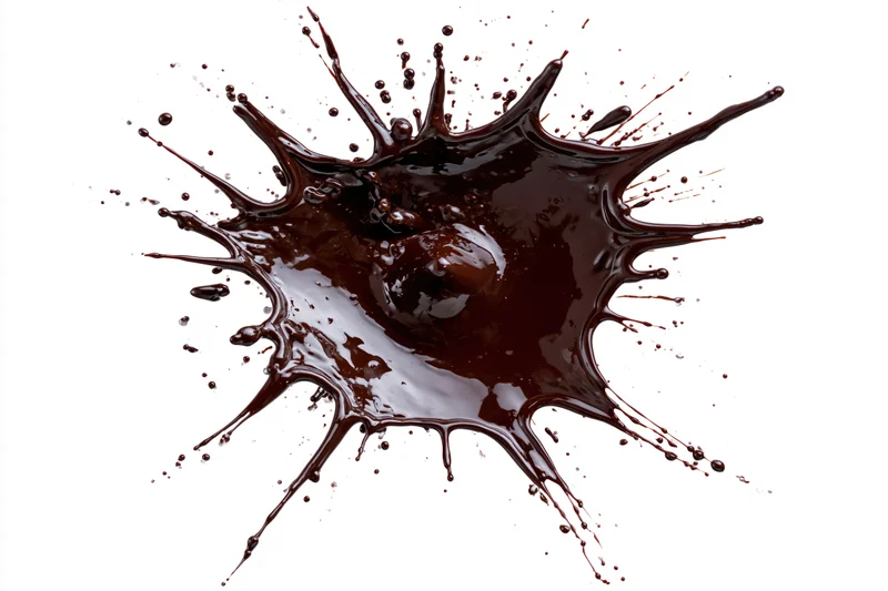Liquid chocolate splashing outward in midair against white background