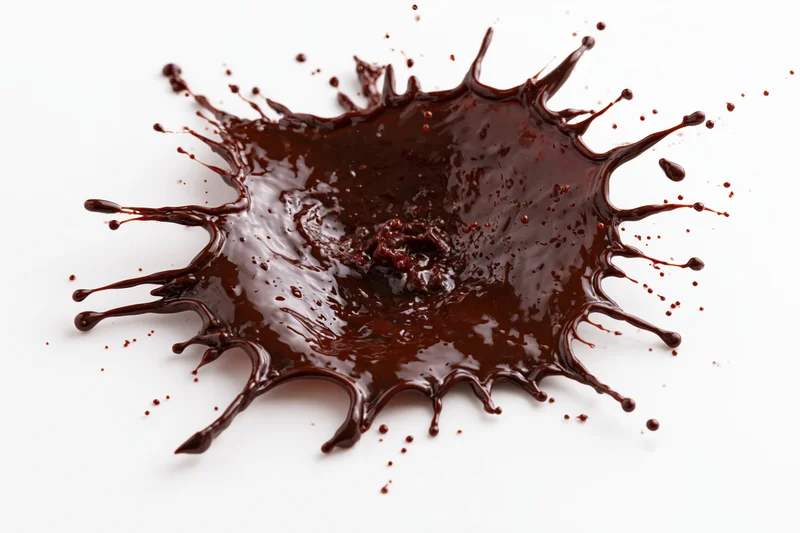 Liquid chocolate splashing outward in midair against white background