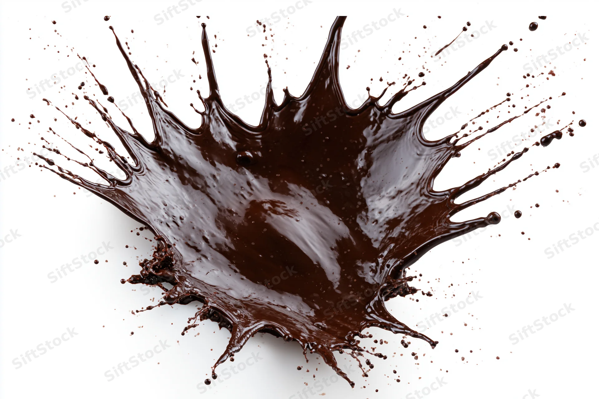 Liquid chocolate splashing outward in midair against white background