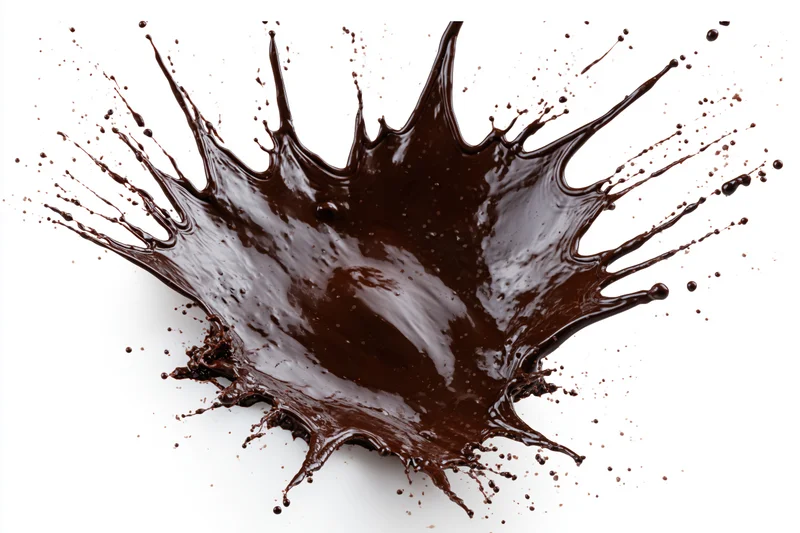 Liquid chocolate splashing outward in midair against white background