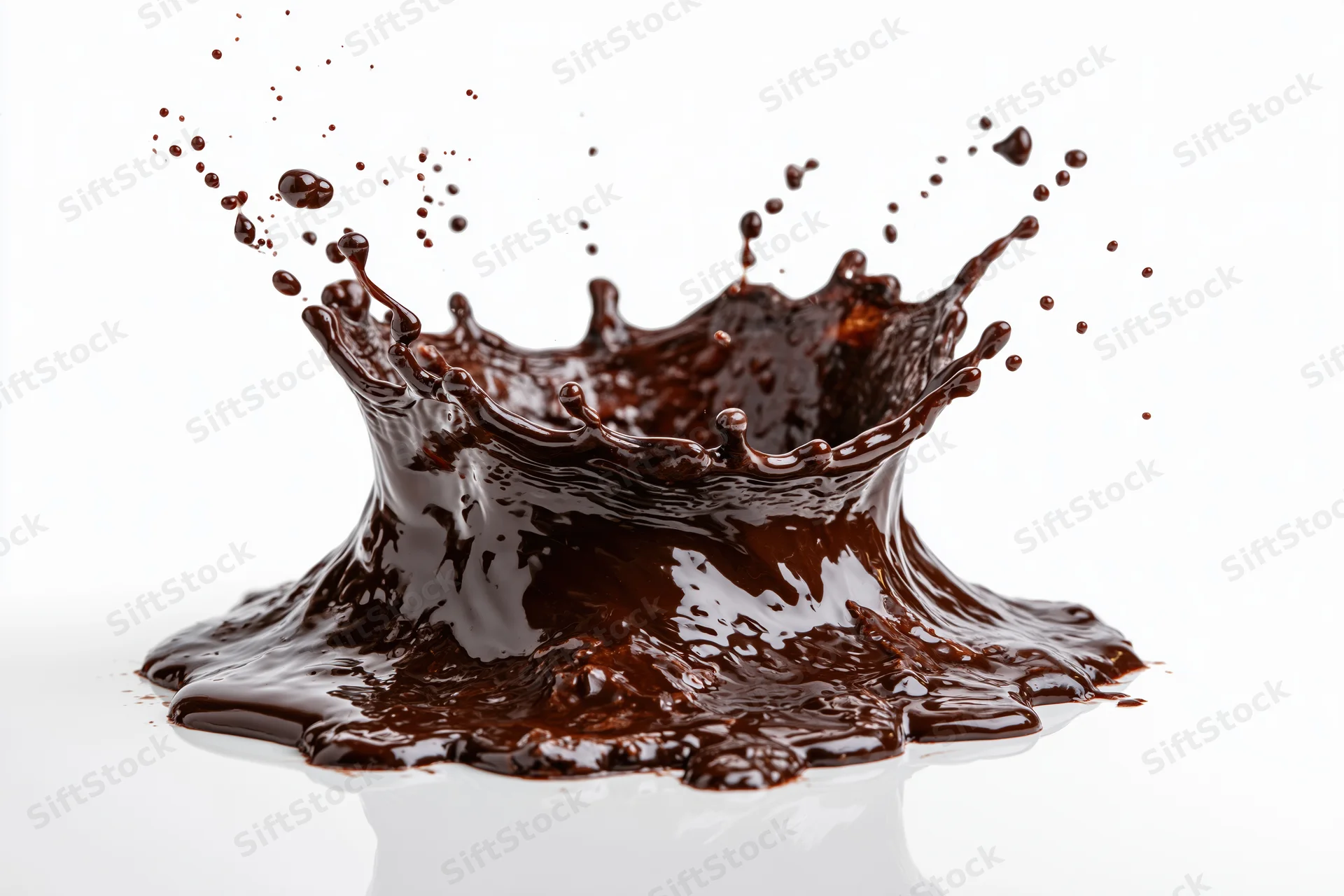 Liquid chocolate splashing into a crown shape frozen in motion on white background