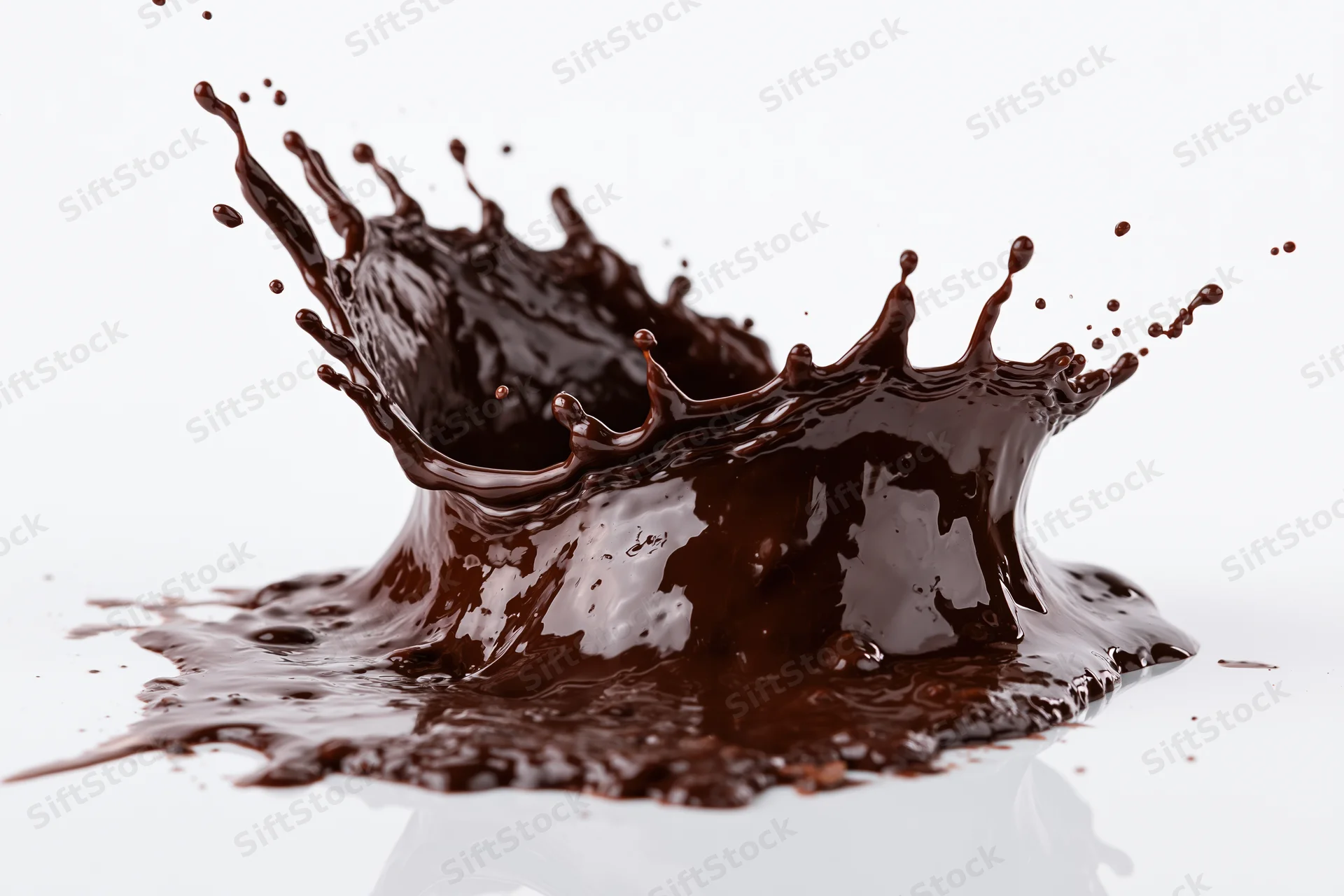 Liquid chocolate splashing into a crown shape on a white surface