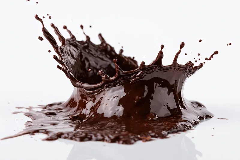 Liquid chocolate splashing into a crown shape on a white surface