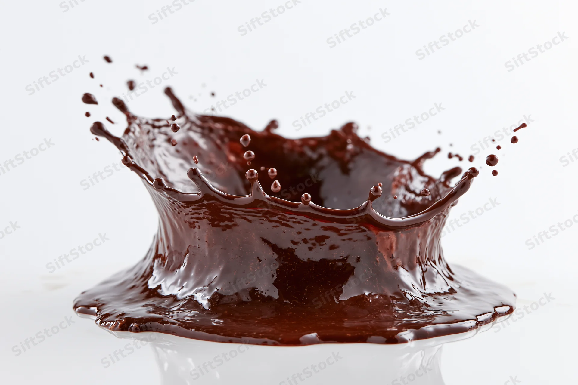 Liquid chocolate splashing into a crown shape against a white background