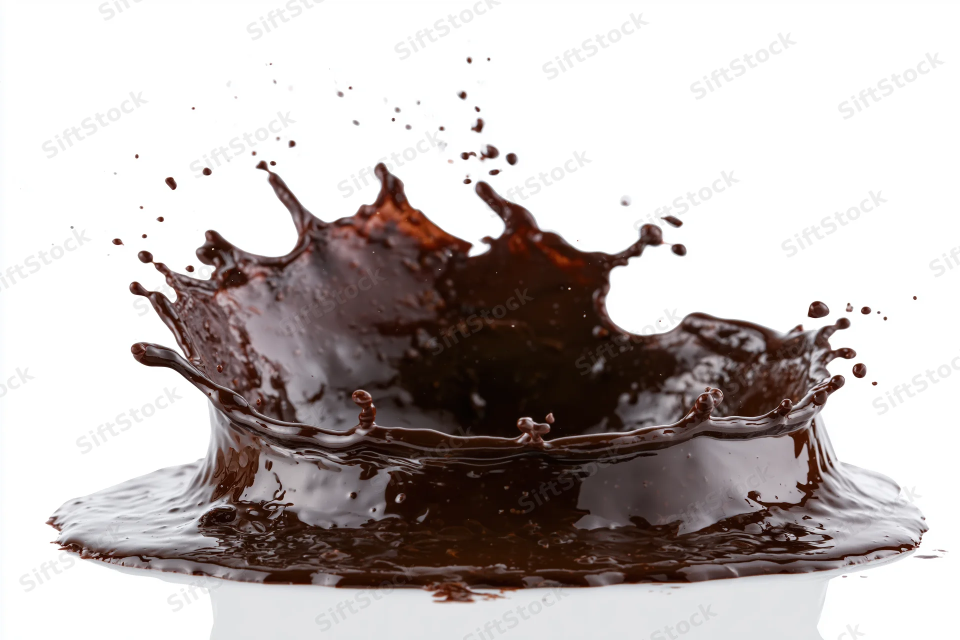 Liquid chocolate splashing into a crown shape frozen in motion against white background