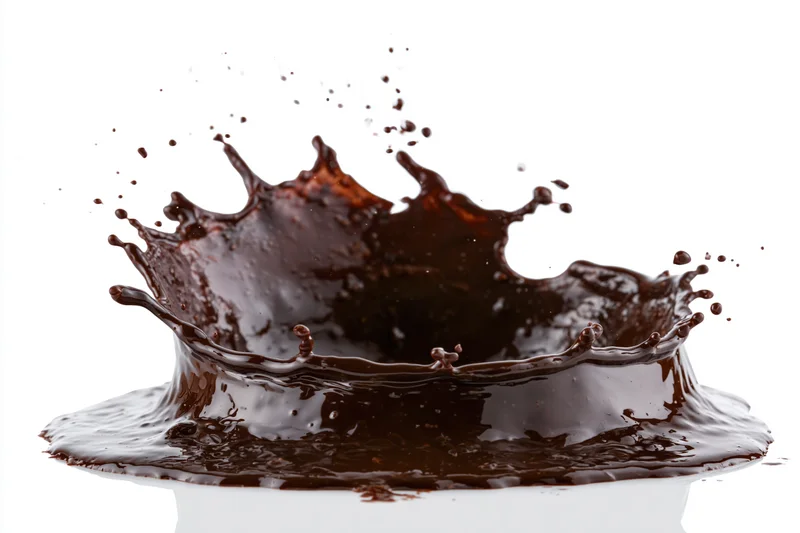 Liquid chocolate splashing into a crown shape frozen in motion against white background