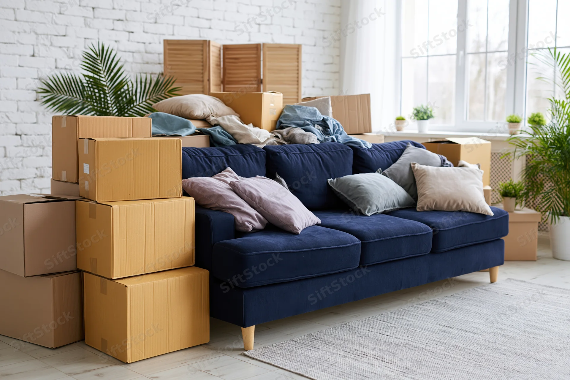 Living room with stacked cardboard boxes around a navy blue sofa during a move