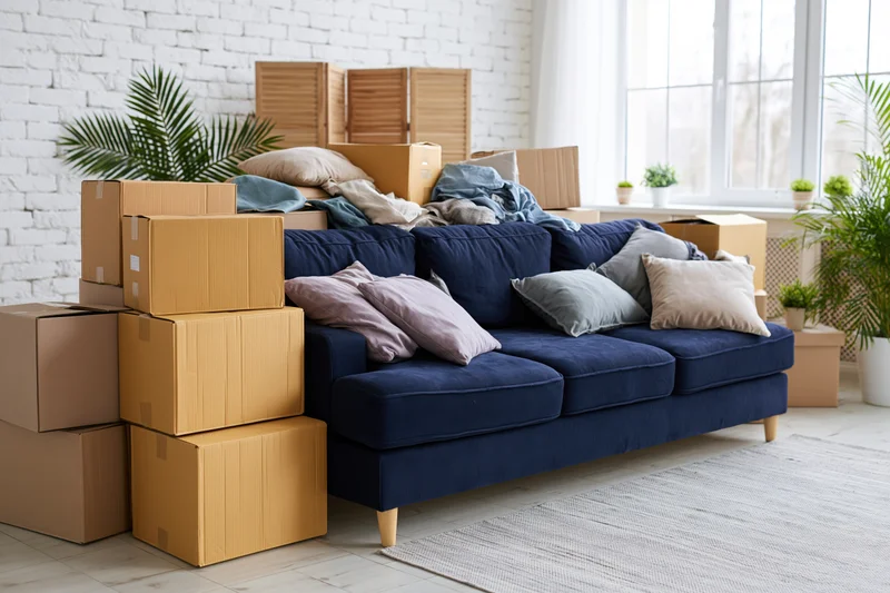Living room with stacked cardboard boxes around a navy blue sofa during a move