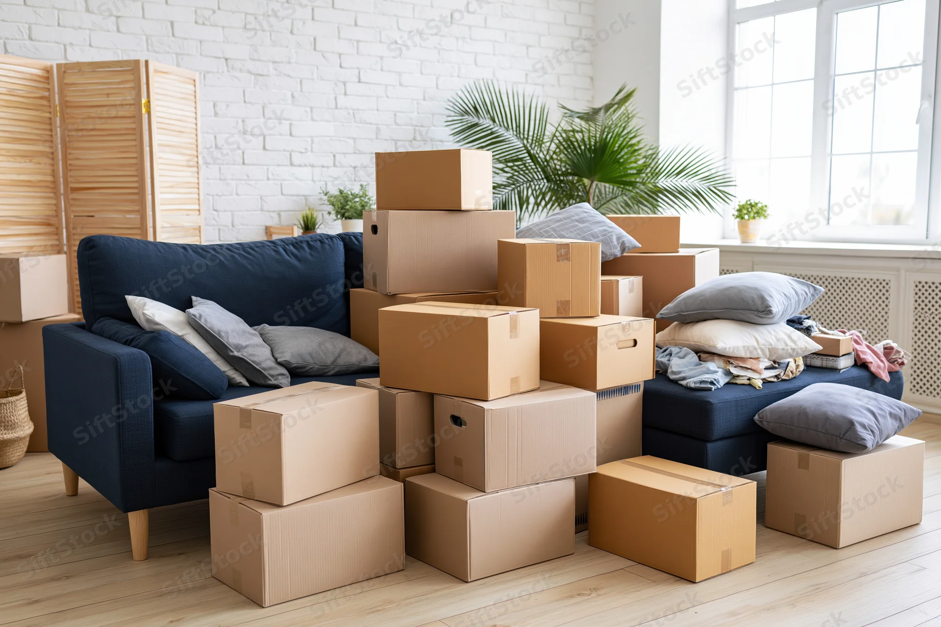 Cardboard boxes stacked around a blue sofa in a bright living room during a move