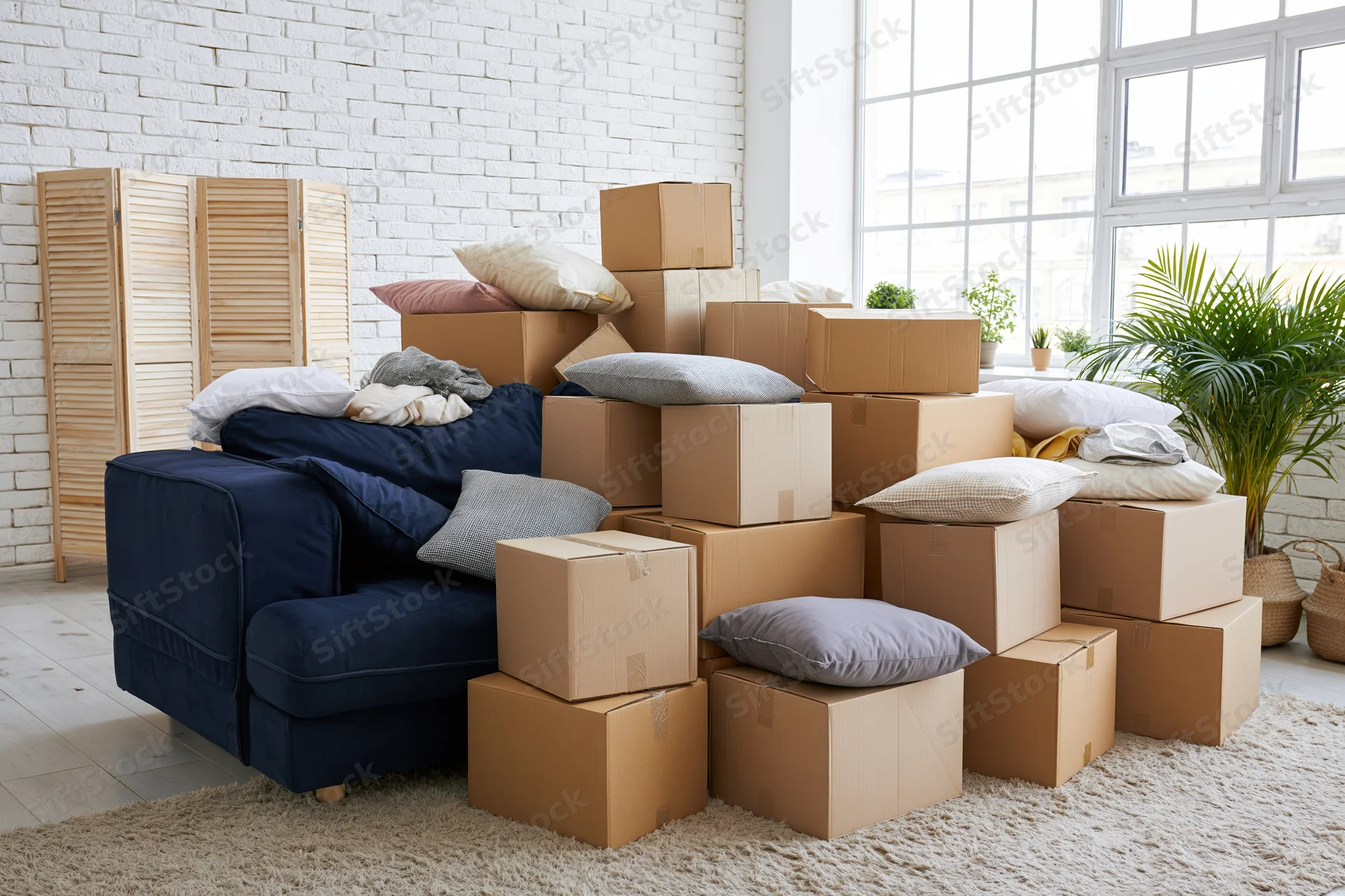 Stacked cardboard boxes and furniture in a living room during a move