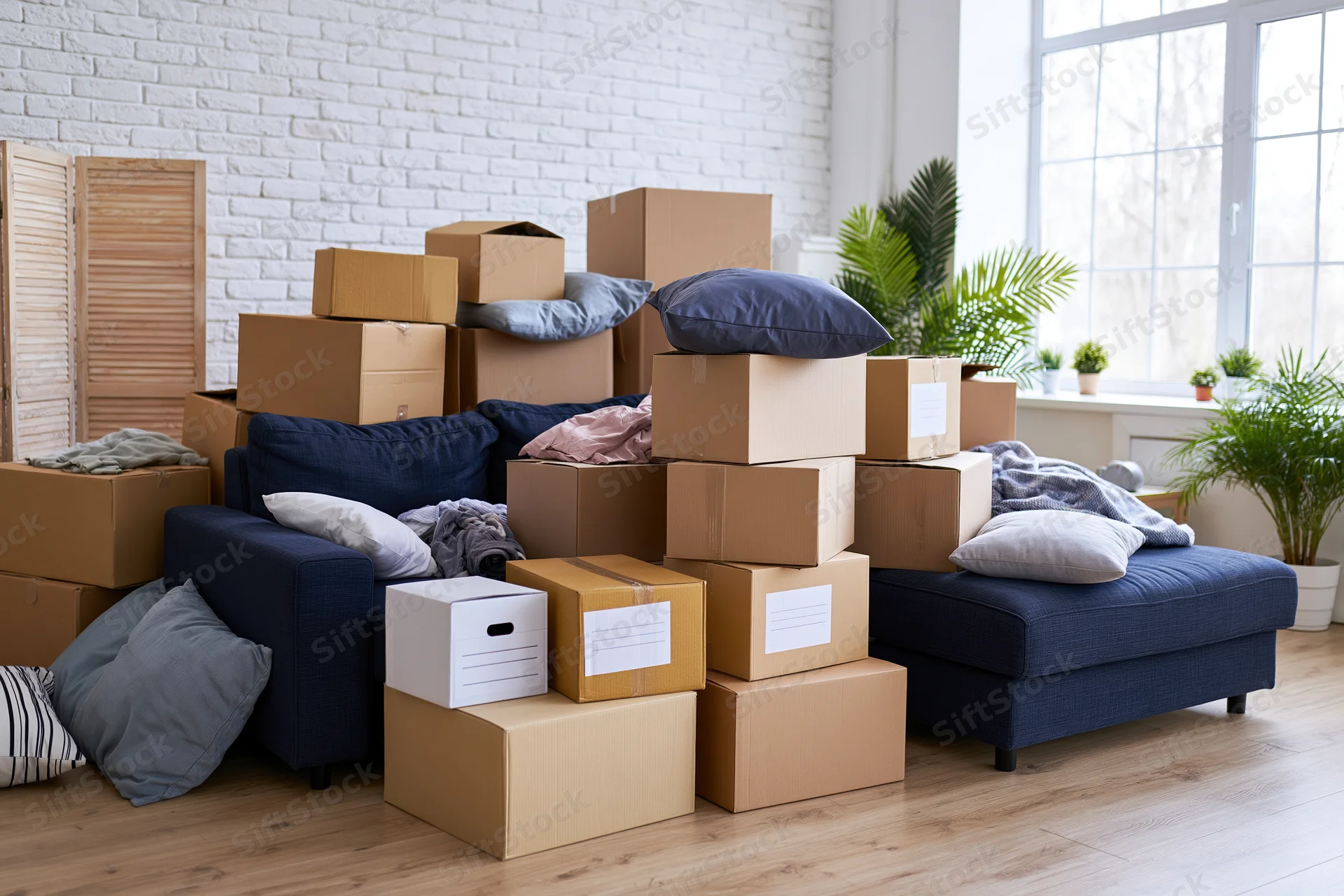 Cardboard boxes stacked around a blue sofa in a living room during a move