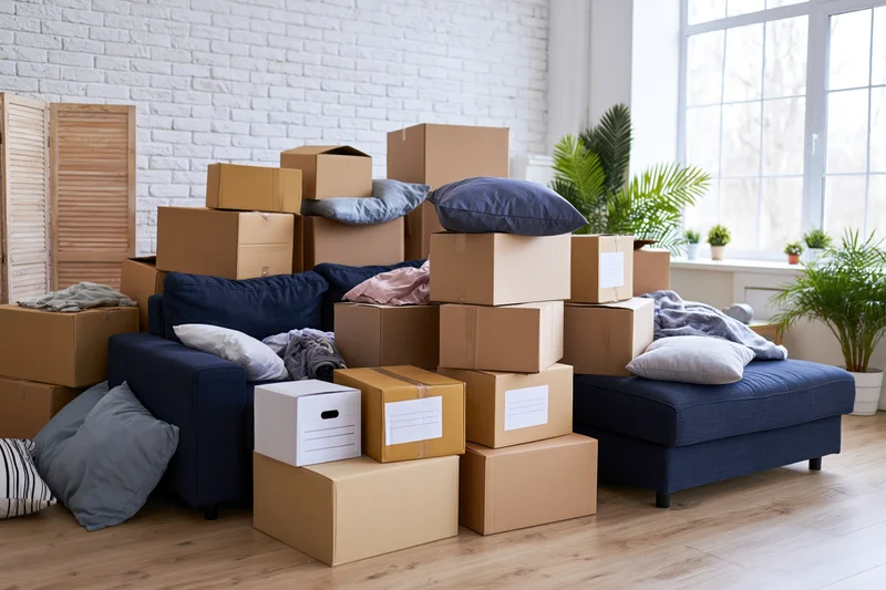 Cardboard boxes stacked around a blue sofa in a living room during a move