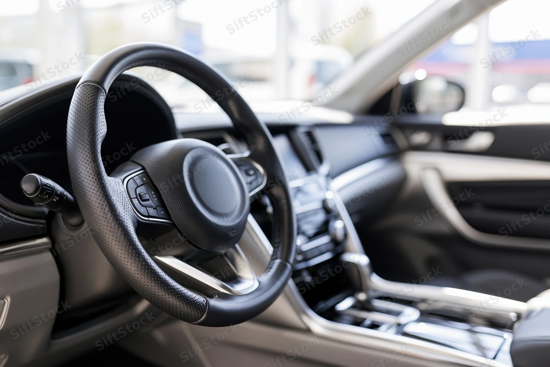 Luxury sedan interior viewed from passenger side showing steering wheel and dashboard
