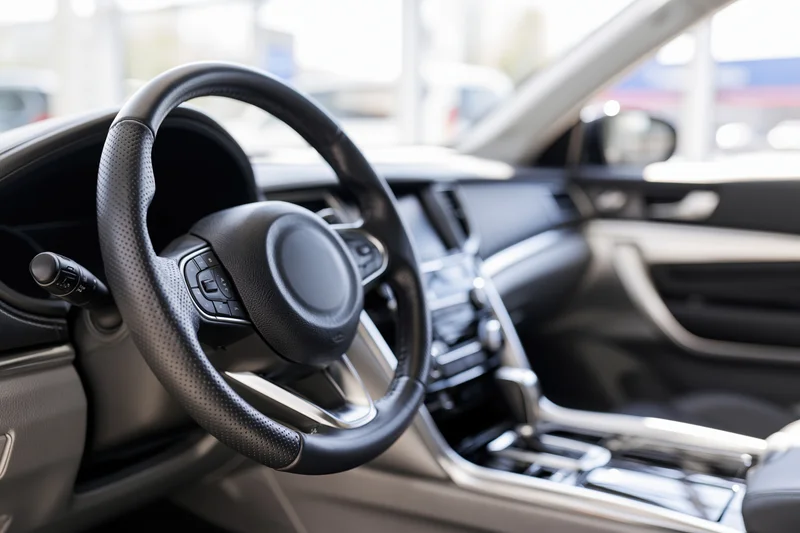 Luxury sedan interior viewed from passenger side showing steering wheel and dashboard