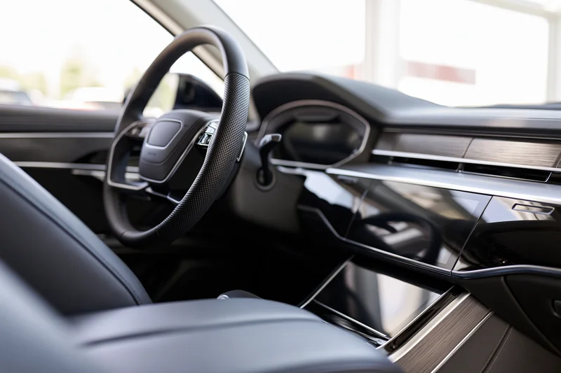 Luxury sedan interior viewed from passenger side showing steering wheel and dashboard