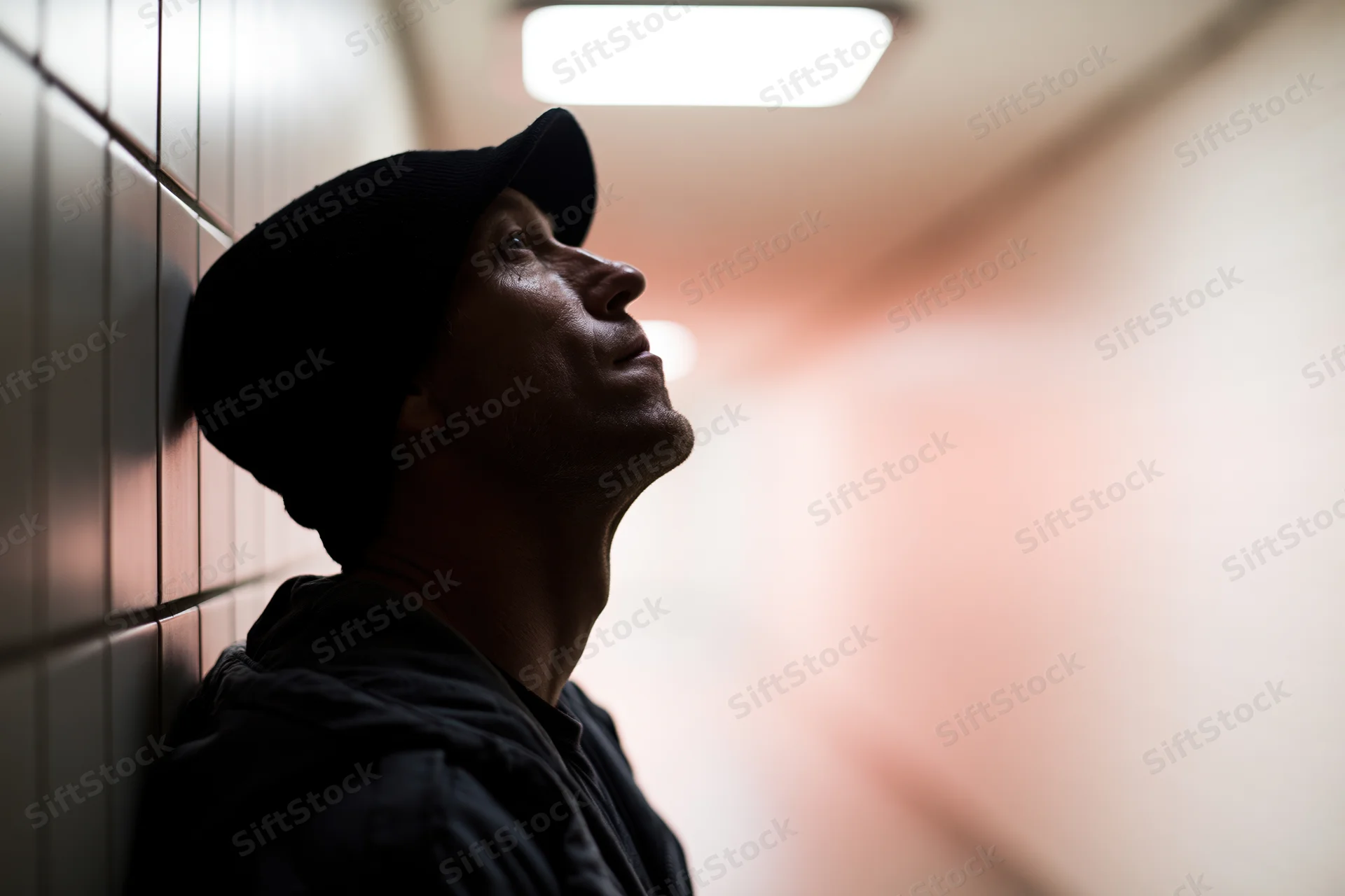 Man leaning against tiled tunnel wall with head tilted back looking upward