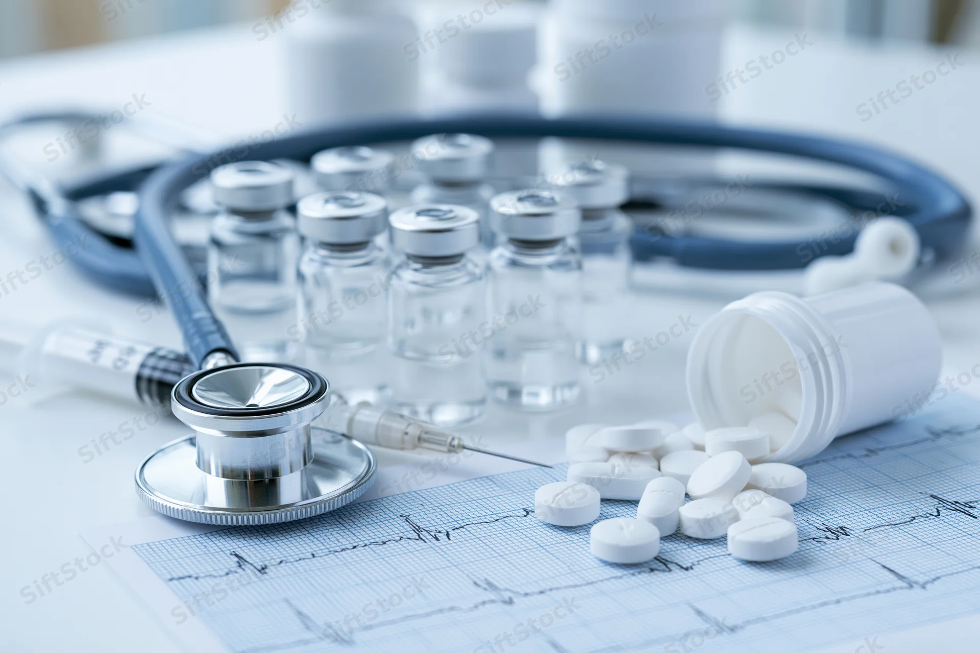 Stethoscope and medical supplies arranged on a white surface with electrocardiogram paper