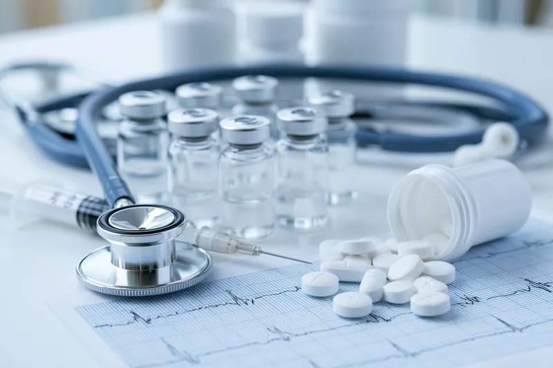 Stethoscope and medical supplies arranged on a white surface with electrocardiogram paper
