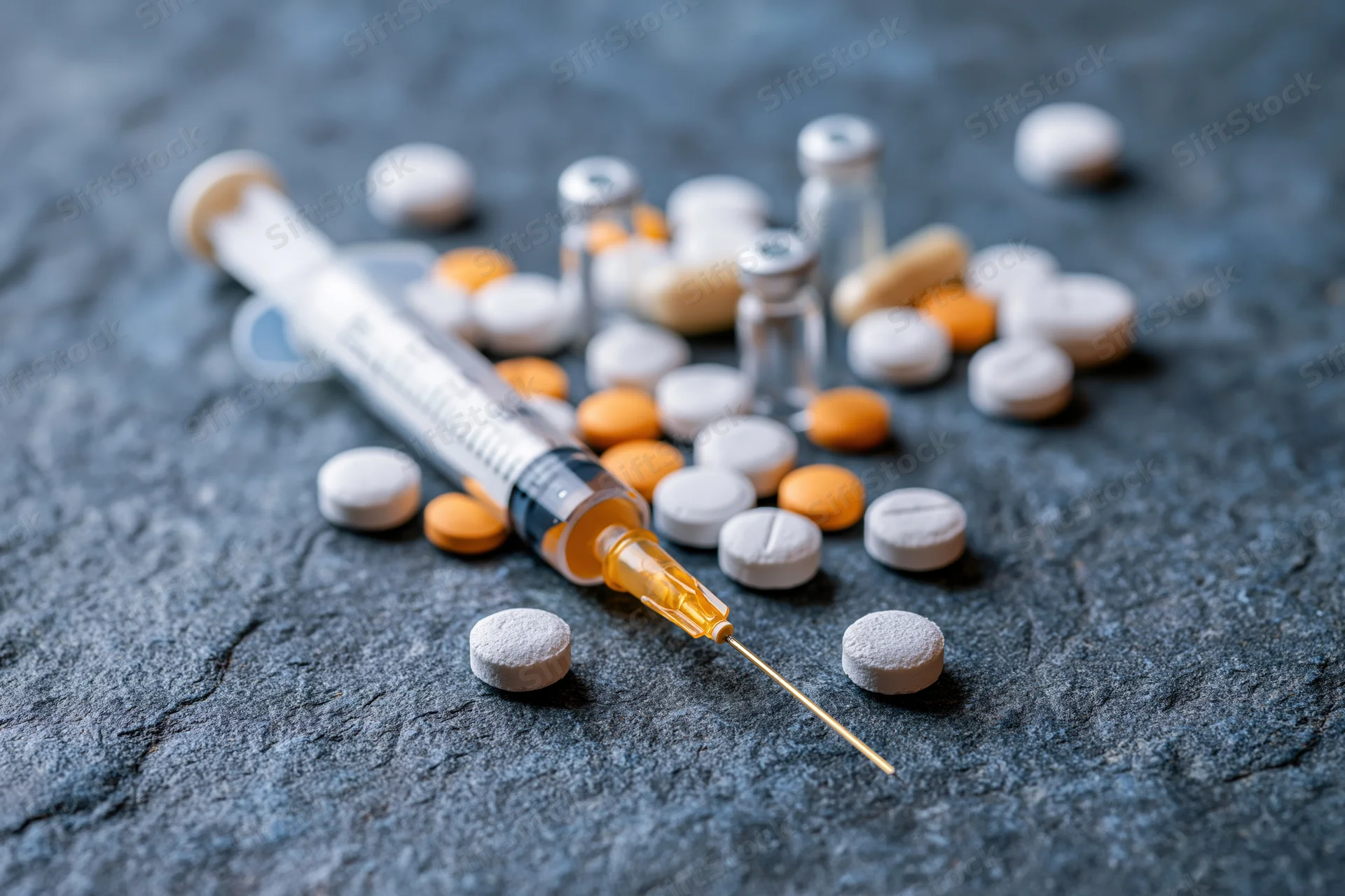 Syringe with gold needle lying among scattered white and orange pills on dark stone surface