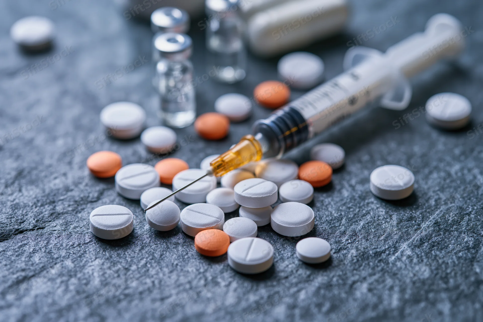 Syringe with gold needle lying among scattered white and orange pills on dark stone surface
