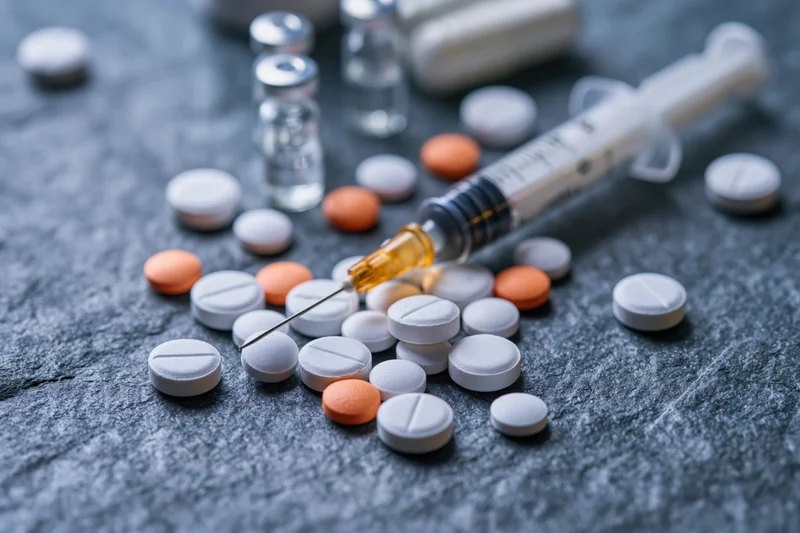 Syringe with gold needle lying among scattered white and orange pills on dark stone surface