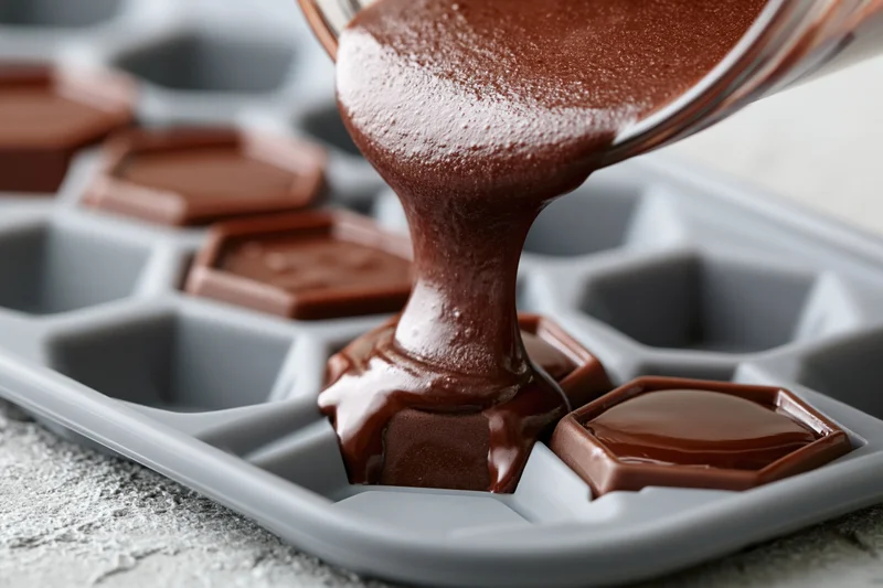 Melted dark chocolate being poured into a hexagonal silicone mold on a countertop