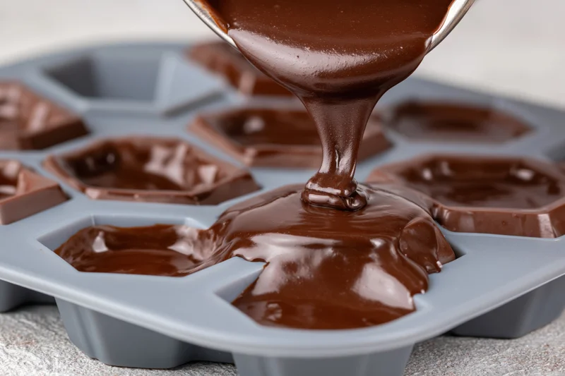 Melted dark chocolate being poured into a silicone mold with hexagonal cavities on a kitchen countertop