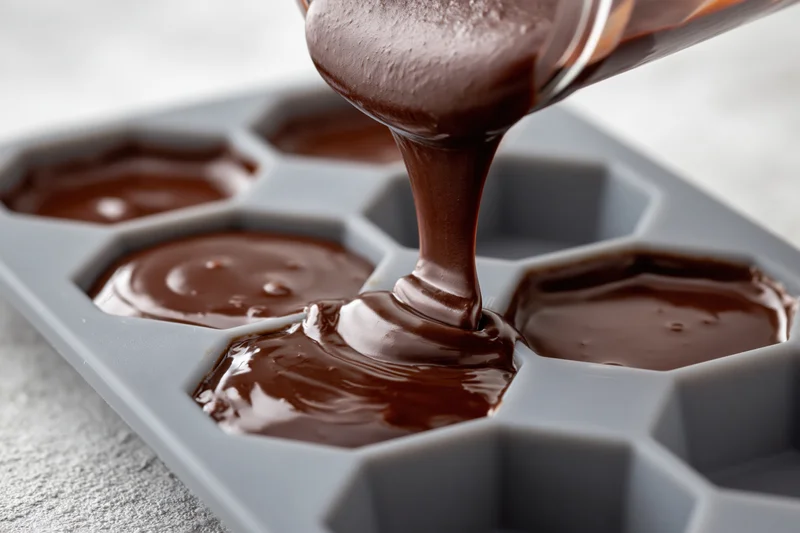 Melted dark chocolate being poured into a hexagonal silicone mold for candy making