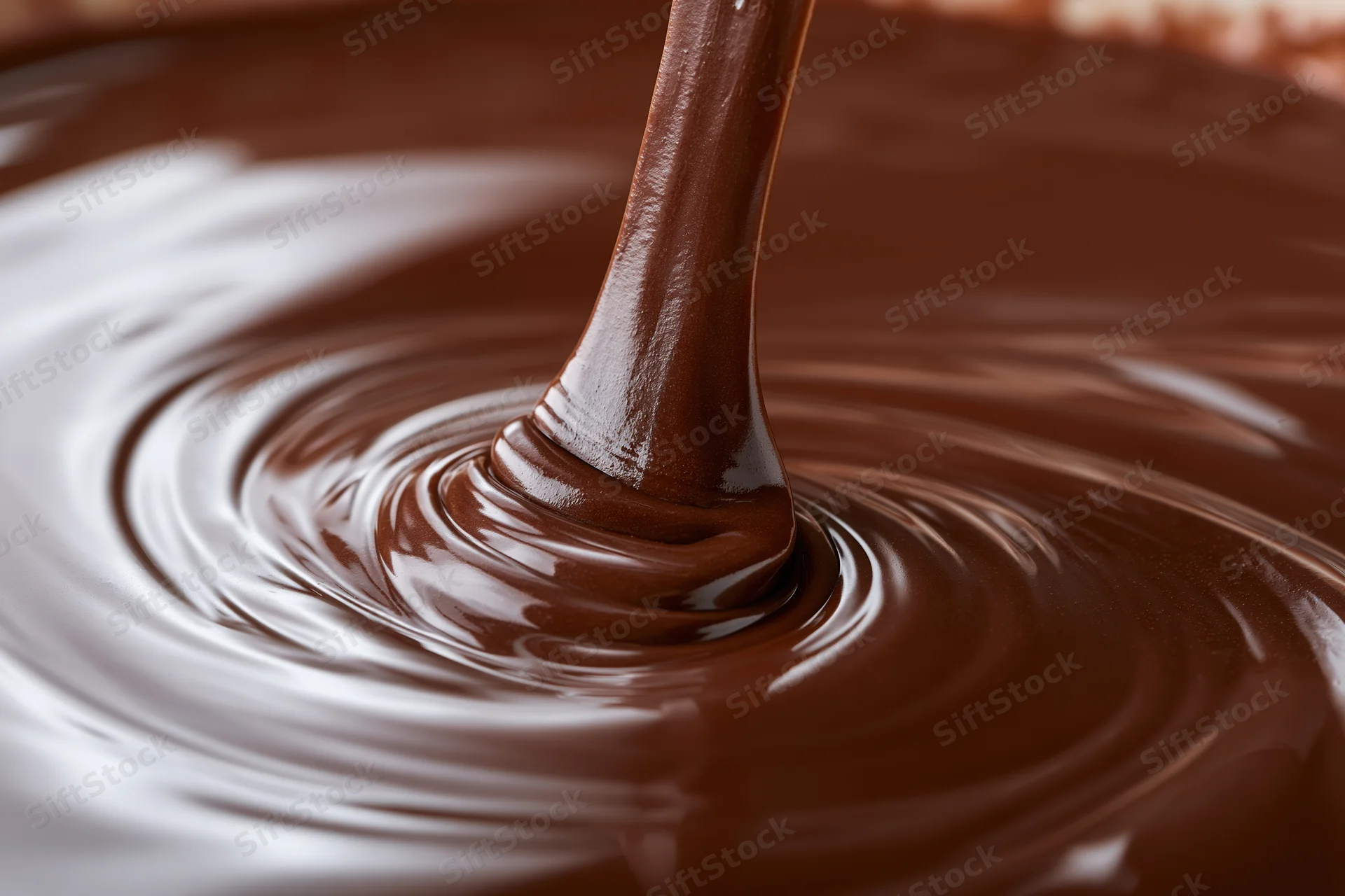Melted dark chocolate pouring in a slow stream creating ripples on a glossy surface