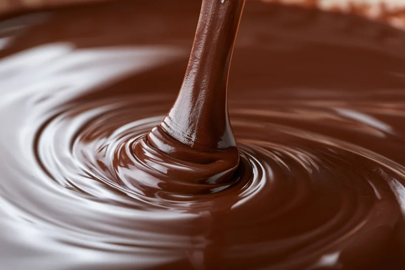 Melted dark chocolate pouring in a slow stream creating ripples on a glossy surface