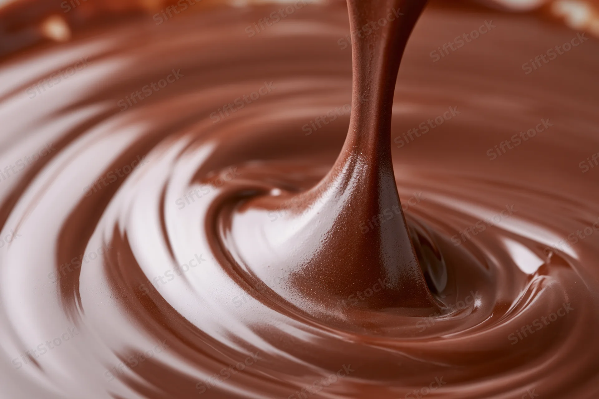 Melted dark chocolate being poured onto a smooth surface