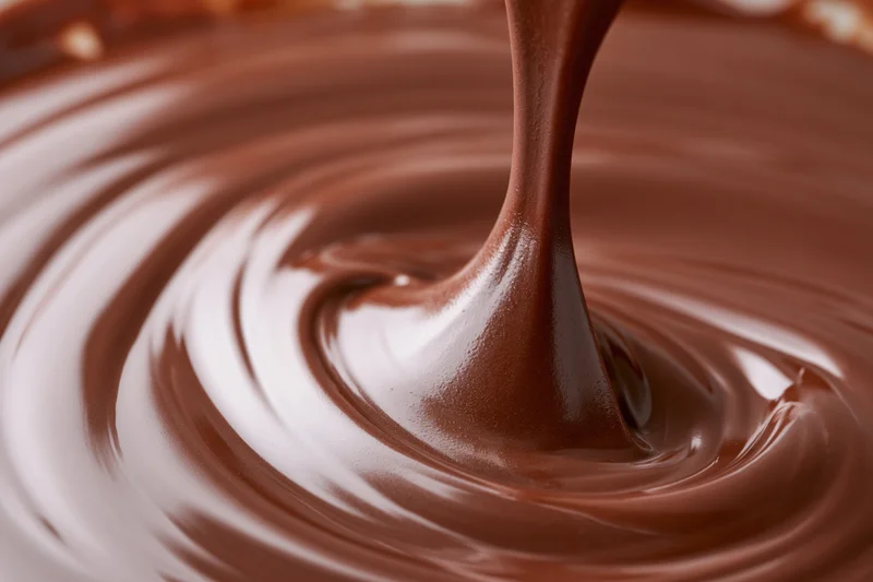 Melted dark chocolate being poured onto a smooth surface