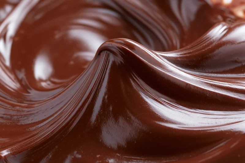 Melted dark chocolate swirling in glossy waves filling the frame