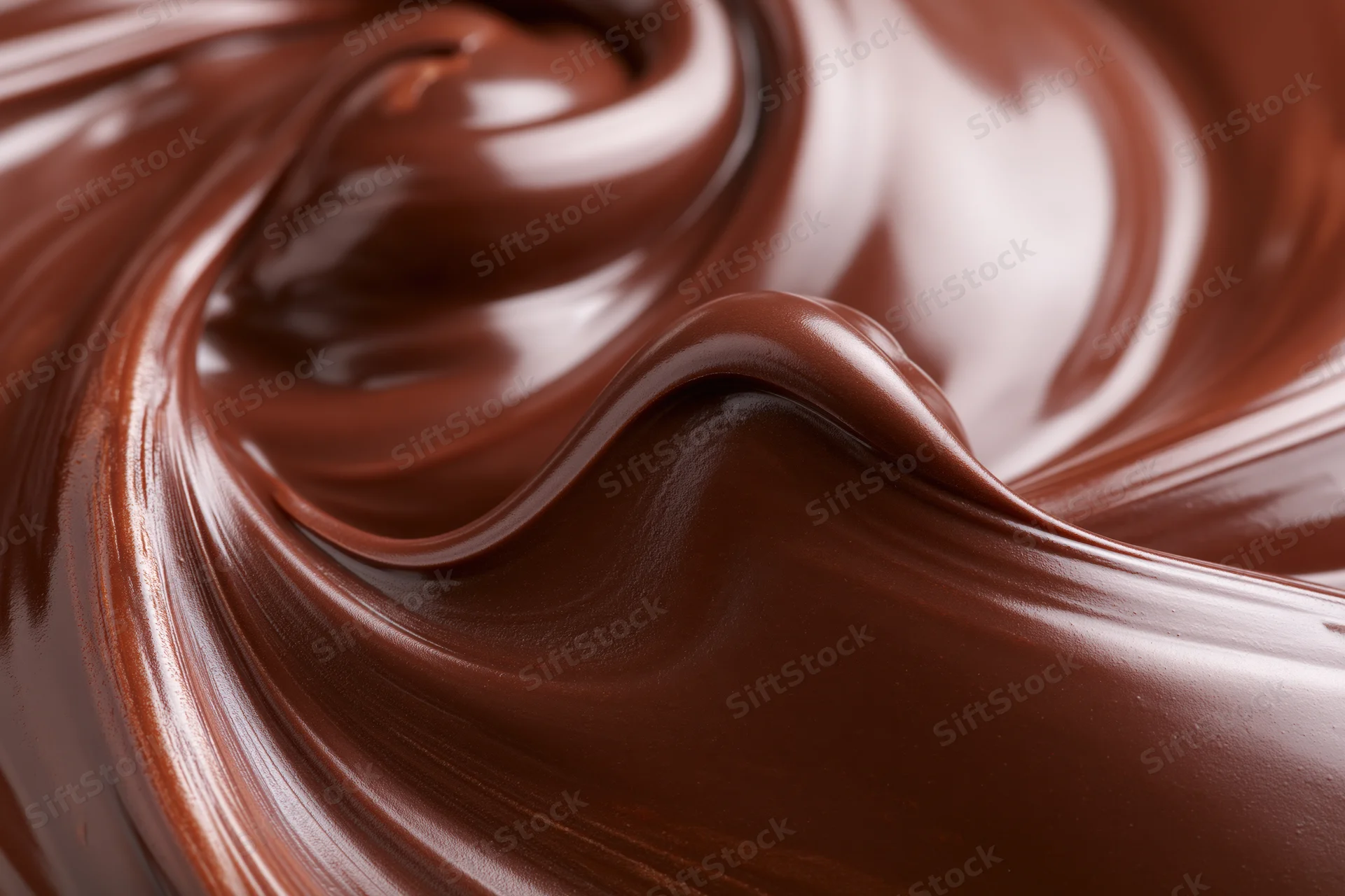 Melted dark chocolate swirling in smooth glossy waves filling the frame