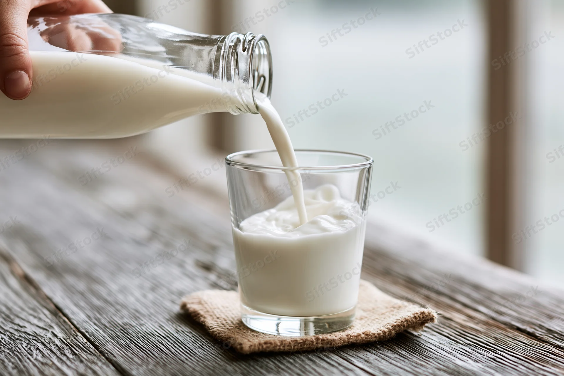 Hand pouring milk from a glass bottle into a clear glass on a wooden table